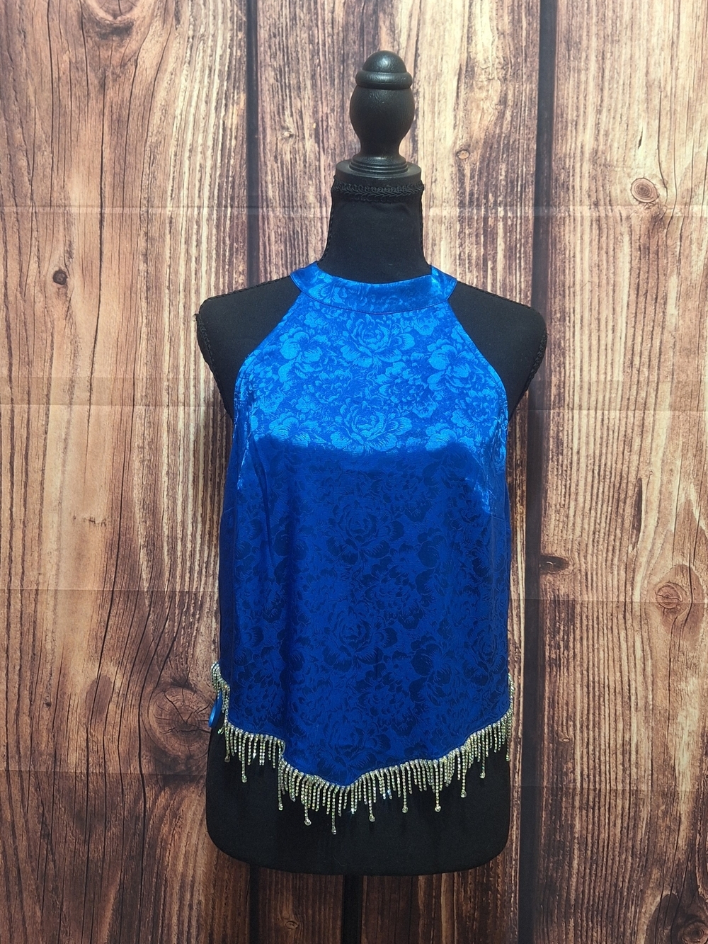 Willow & Root Royal Blue Rhinestone Trim  Fringe Halter Camisole Size Small
